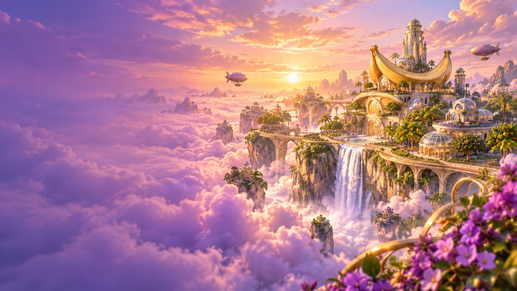 Golden fruit-inspired architecture, gardens and airships above violet and peach clouds.