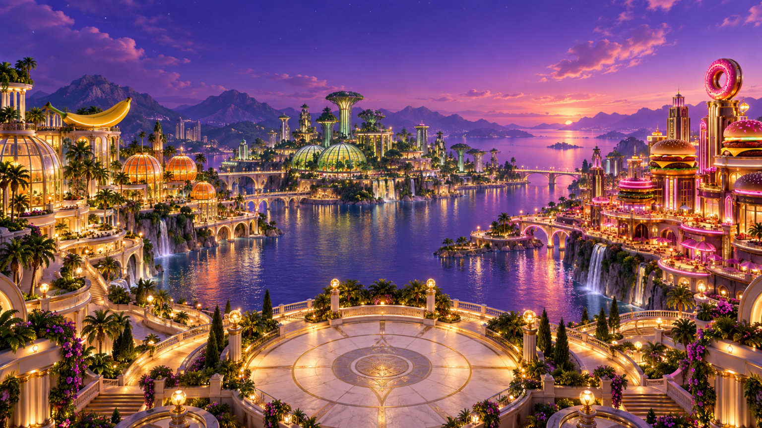 The BANZORAMA harbour at violet sunset, with fruit palaces, green conservatories and glowing fastfood towers around the water.
