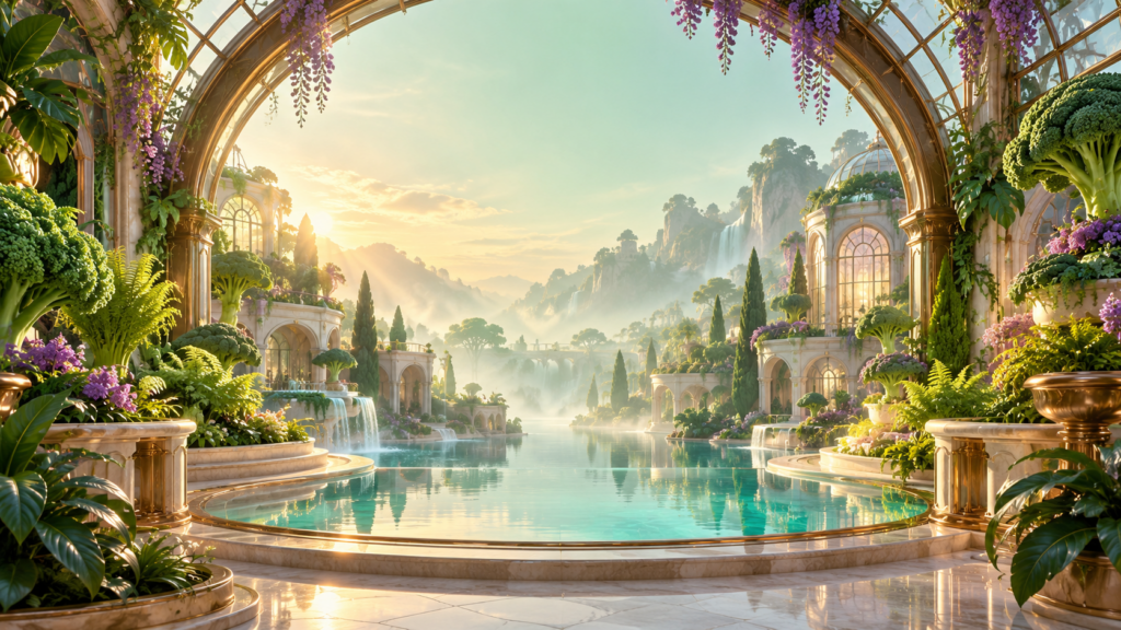 A gold-framed conservatory overlooking emerald gardens, waterfalls and a quiet blue pool.