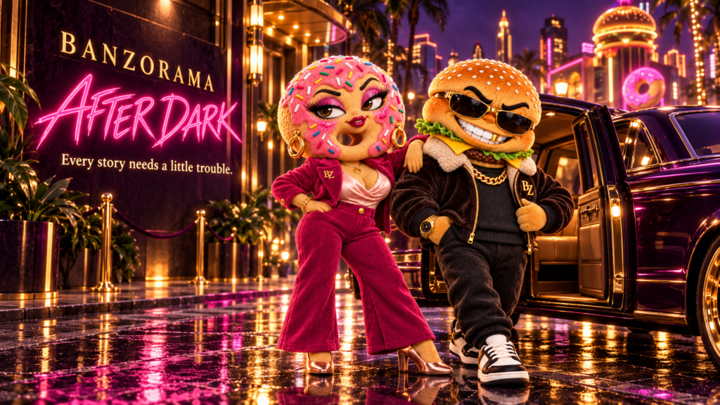 Glazera and Burglar in luxurious BZ outfits beside a limousine in the neon-lit fastfood district. The scene reads: Every story needs a little trouble.