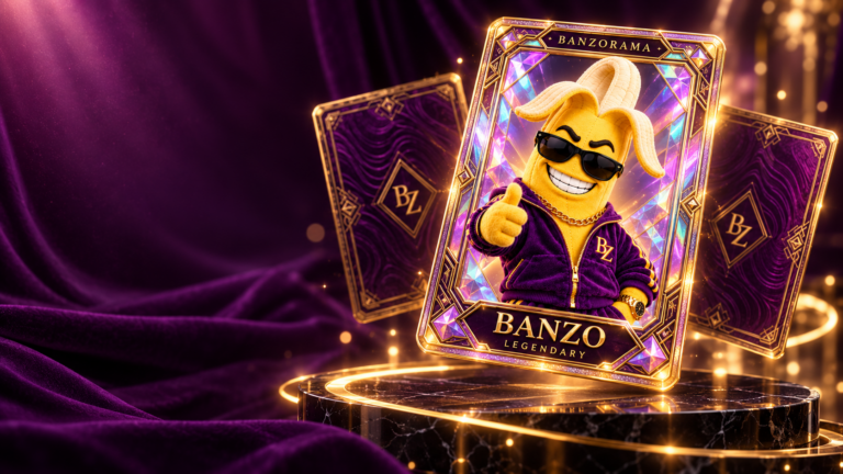 A luminous purple and gold display of BANZORAMA collectible card designs.