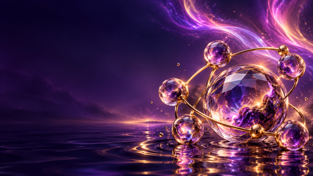 A luminous sculpture of connected violet crystal spheres on a gold framework, beneath flowing purple and gold light.