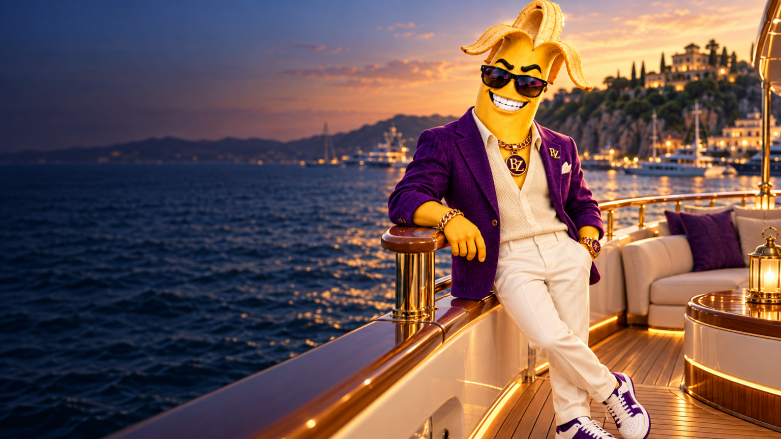 Banzo in a purple jacket aboard a yacht above a golden harbour at sunset.
