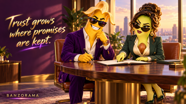 Banzo and Ava Cado review documents together. The artwork reads: Trust grows where promises are kept.