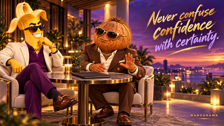 Banzo and Coco Cash on a luxury terrace. The artwork reads: Never confuse confidence with certainty.