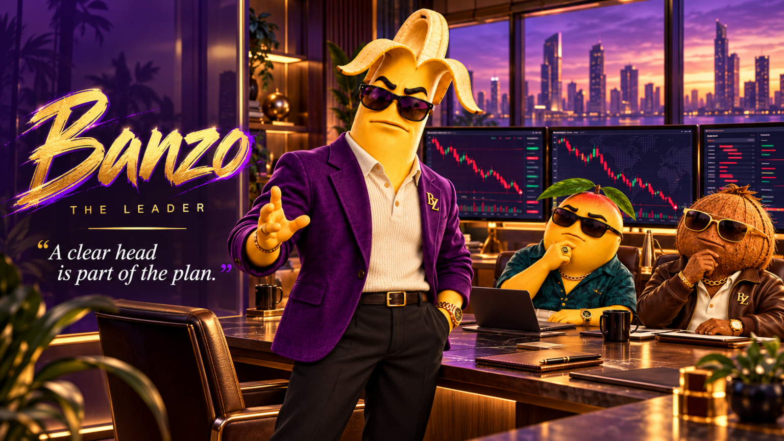 Banzo, Mango Rico and Coco Cash in a purple and gold office with red trading charts. The image reads: A clear head is part of the plan.