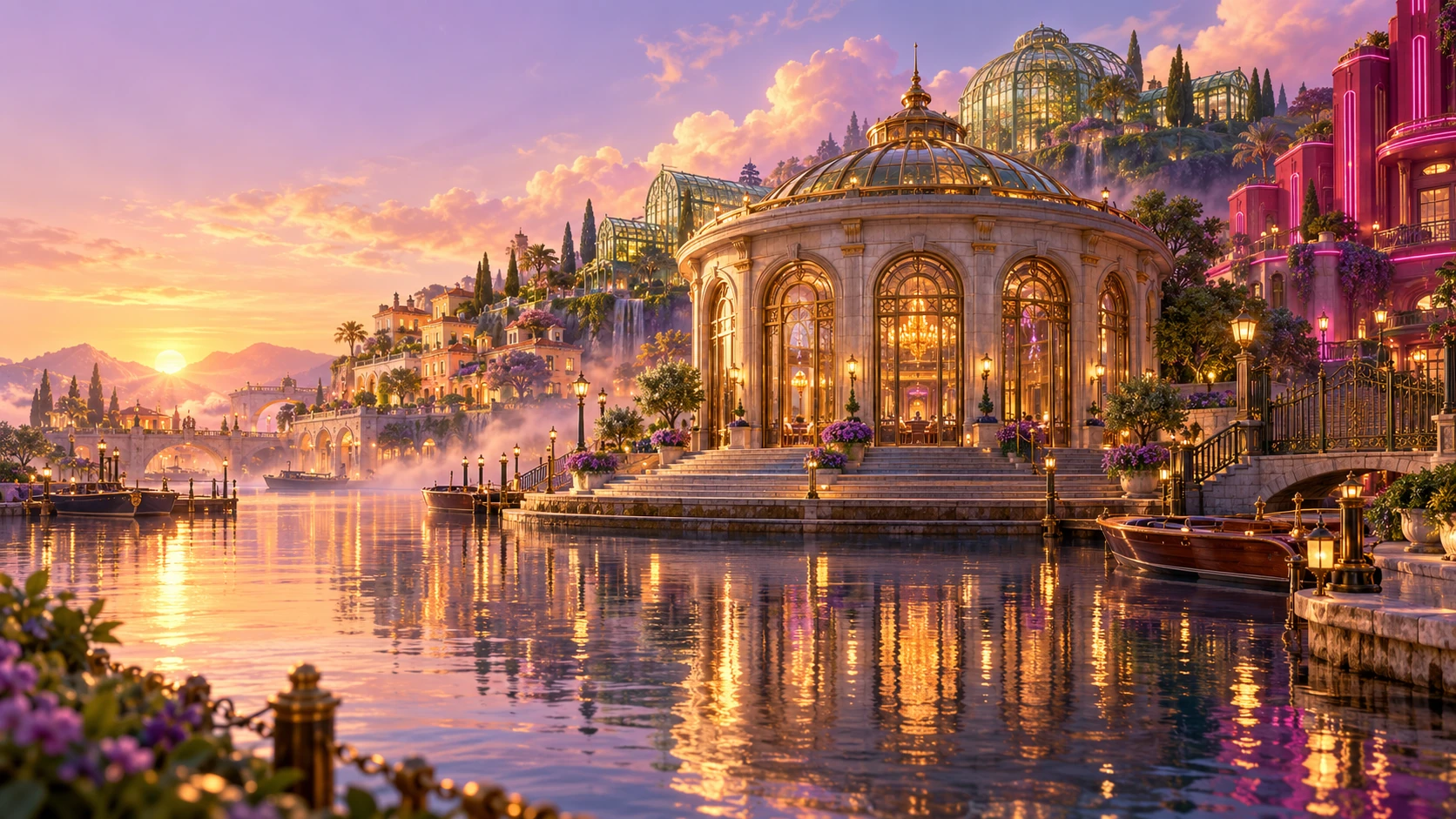 The Exchange pavilion beside the BANZORAMA harbour in golden evening light.