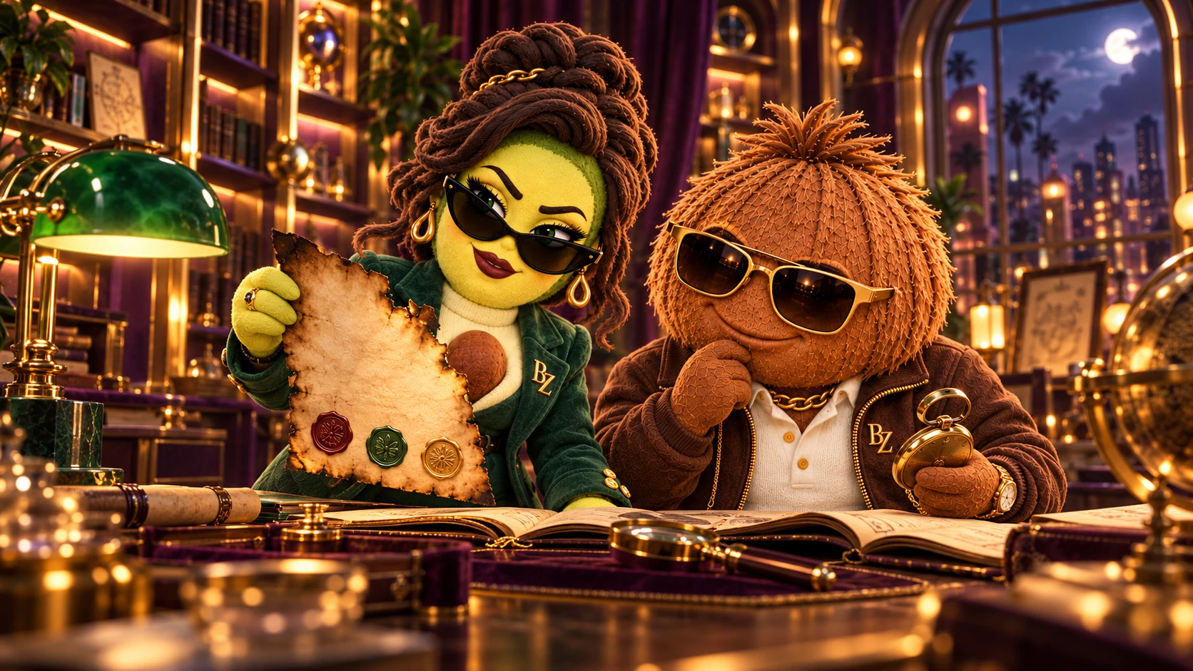 Ava Cado and Coco Cash examine a fire-damaged document in the Exchange archive.