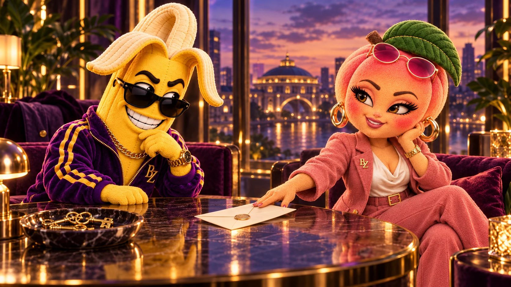 Banzo and Peach Plug examine an unsigned cream envelope in a purple and gold lounge.