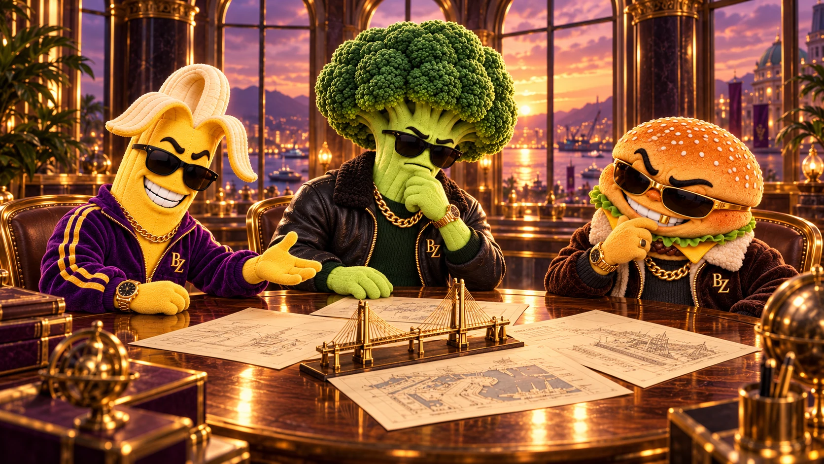 Banzo, Brocko and Burglar sit together over documents and a model bridge.